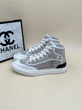 Hermes Grey and White High-Top Canvas Sneakers